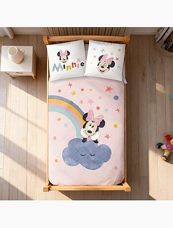 Parure de lit bébé Minnie avec arc-en-ciel et nuage réversible – 100% coton