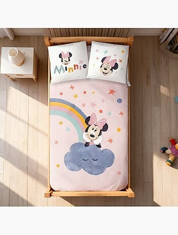 Parure de lit bébé Minnie avec arc-en-ciel et nuage réversible – 100% coton