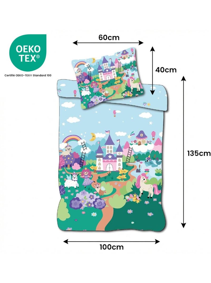 Parure de lit bébé Princesses avec arc-en-ciel et nuage réversible – 100% coton Bleu - Kiabi