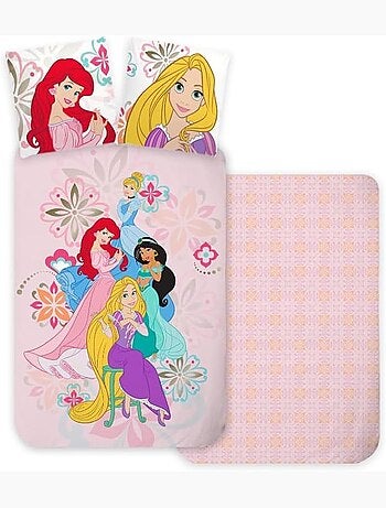 Parure de lit bébé Princesses avec Raiponce, Ariel, Jasmine et Cendrillon réversible – 100% coton