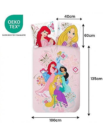 Parure de lit bébé Princesses avec Raiponce, Ariel, Jasmine et Cendrillon réversible – 100% coton