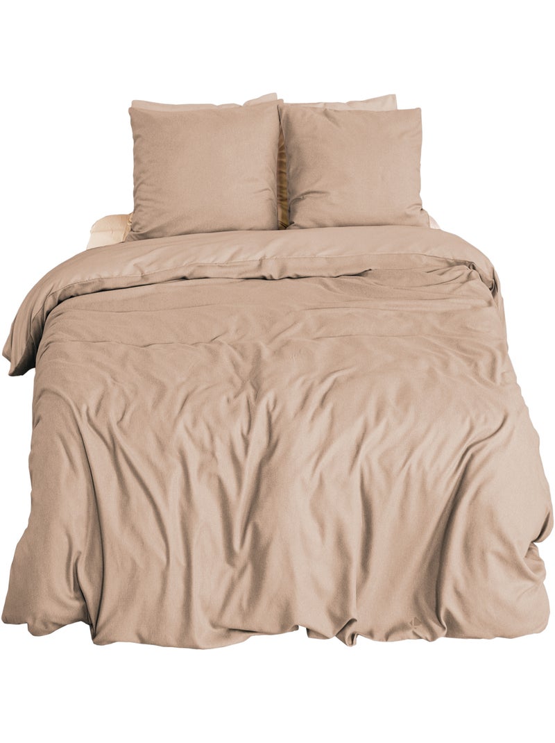 Parure de lit bi-matière microfibre SENSATION FLANELLE Grège - Kiabi