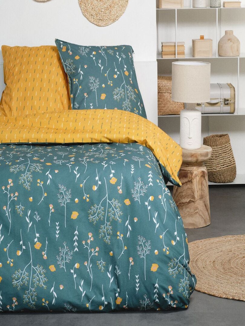 Parure de lit bicolor - 2 personnes Vert/moutarde - Kiabi