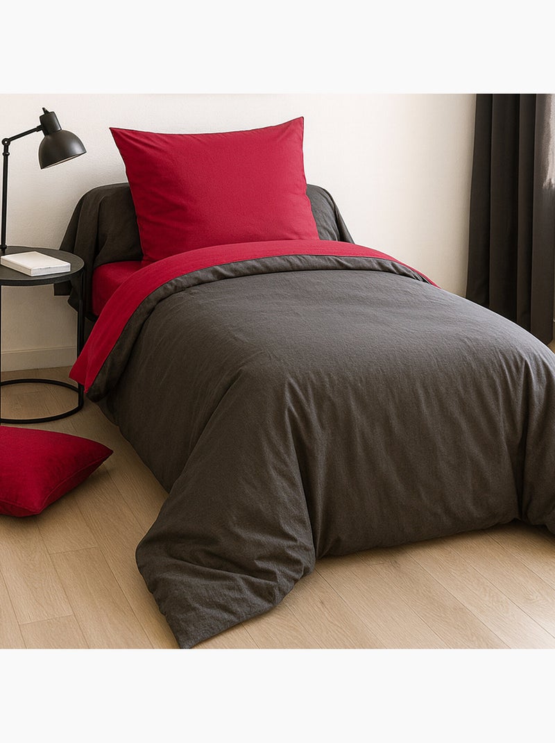 Parure de lit bicolore 135x200cm 100%coton fushia et anthracite, MENO Rose - Kiabi