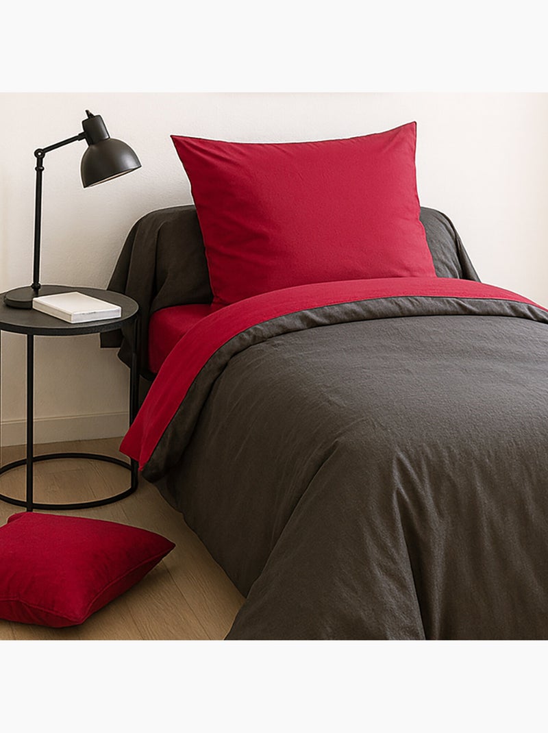 Parure de lit bicolore 135x200cm 100%coton fushia et anthracite, MENO Rose - Kiabi