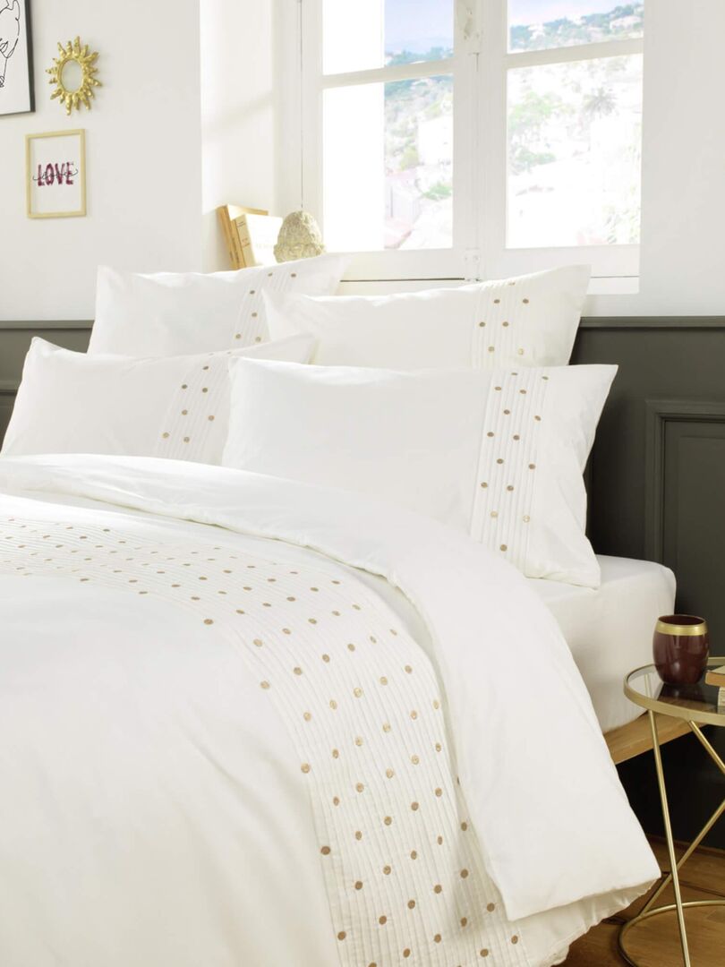 Parure de lit brodée 240x220+2(65x65) percale de coton blanc / caramel | Leroy Merlin