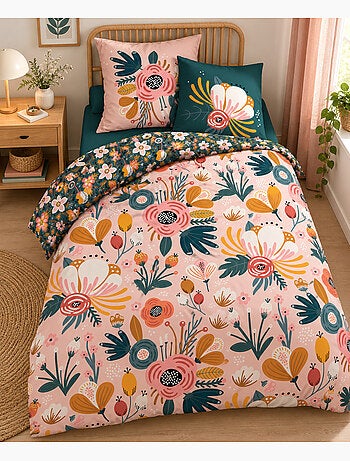 Parure de lit champetre - 100% coton 57 fils - imprimé floral