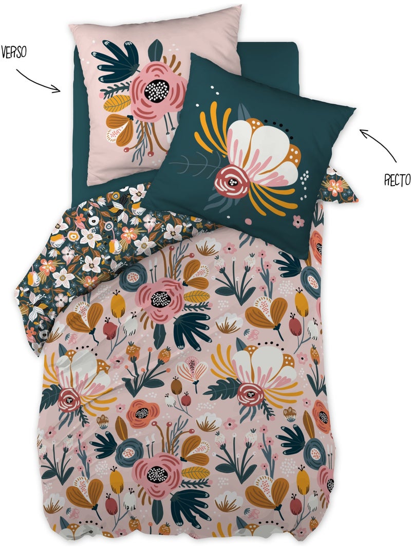 Parure de lit champetre - 100% coton 57 fils - imprimé floral Rose - Kiabi