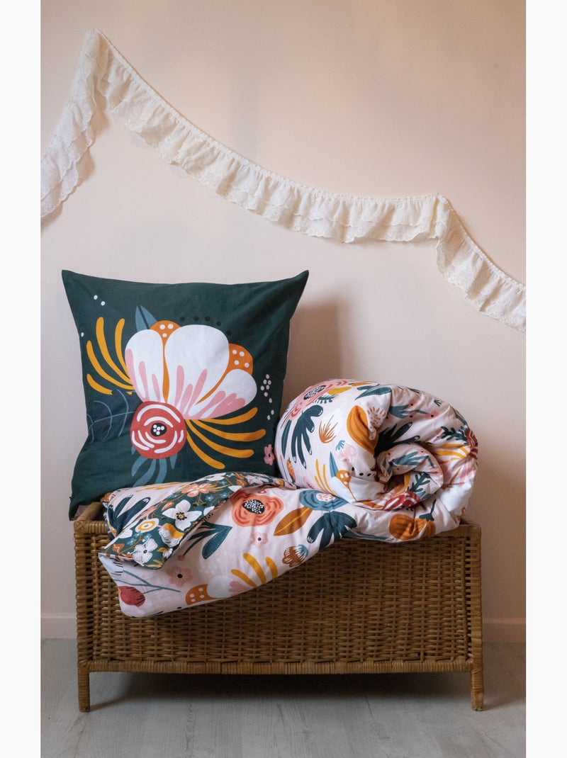 Parure de lit champetre - 100% coton 57 fils - imprimé floral Rose - Kiabi