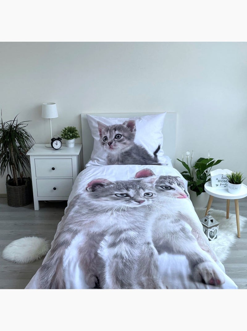 Parure de lit Chatons 140x200 cm - Coton - Housse de couette enfant Blanc Gris - Kiabi