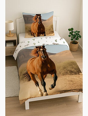 Parure de Lit Cheval Brun Enfant, 100% Coton Oeko Tex, Lit 1 Place, EQUITATION