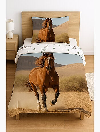 Parure de Lit Cheval Brun Enfant, 100% Coton Oeko Tex, Lit 1 Place, EQUITATION