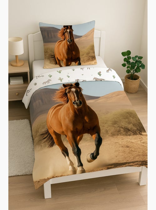 Parure de Lit Cheval Brun Enfant, 100% Coton Oeko Tex, Lit 1 Place, EQUITATION - Kiabi