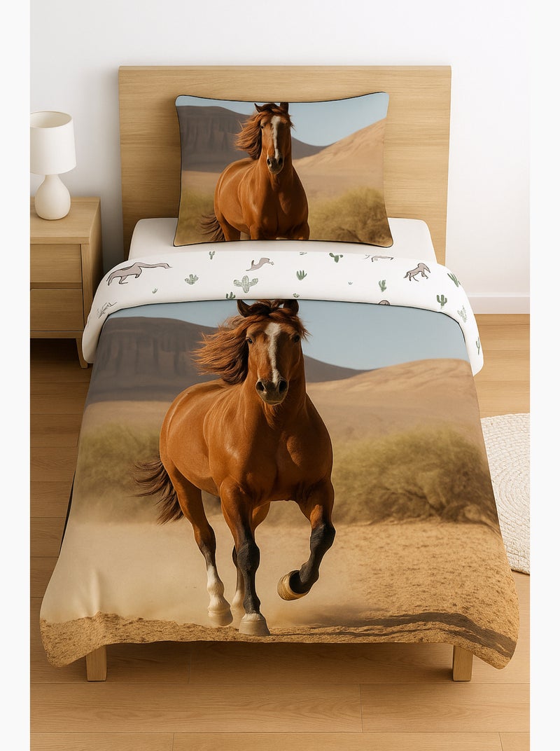 Parure de Lit Cheval Brun Enfant, 100% Coton Oeko Tex, Lit 1 Place, EQUITATION Beige - Kiabi