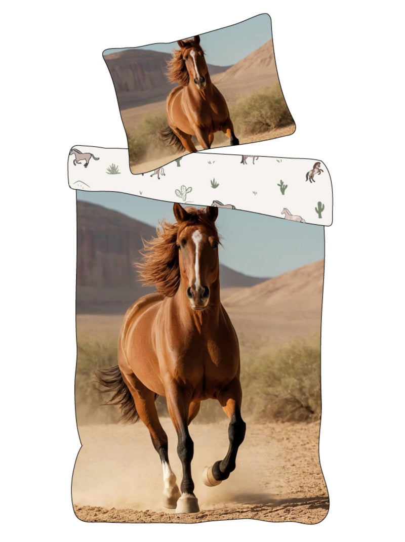 Parure de Lit Cheval Brun Enfant, 100% Coton Oeko Tex, Lit 1 Place, EQUITATION Beige - Kiabi