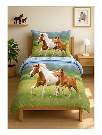 Parure de Lit Cheval et Poulain, 100% Coton Oeko-Tex, Imprimée Réversible, Lit 1 Place, CHEVAUX