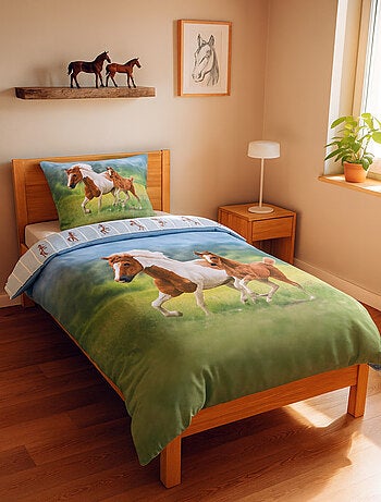 Parure de Lit Cheval et Poulain, 100% Coton Oeko-Tex, Imprimée Réversible, Lit 1 Place, CHEVAUX