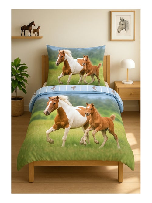 Parure de Lit Cheval et Poulain, 100% Coton Oeko-Tex, Imprimée Réversible, Lit 1 Place, CHEVAUX - Kiabi