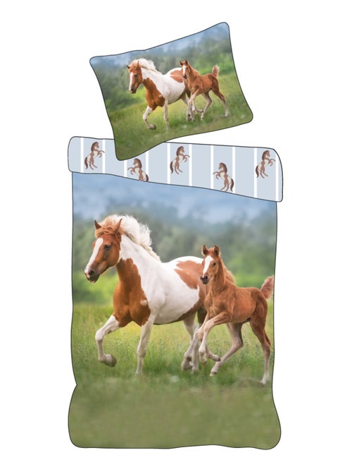 Parure de Lit Cheval et Poulain, 100% Coton Oeko-Tex, Imprimée Réversible, Lit 1 Place, CHEVAUX - Kiabi