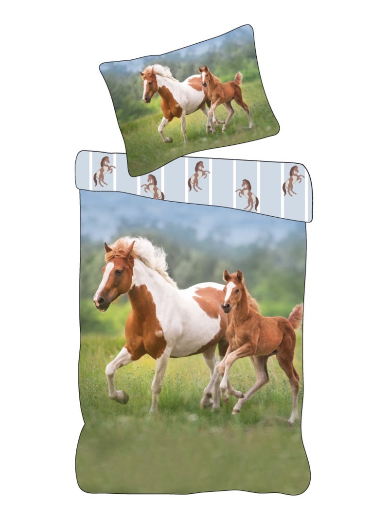 Parure de Lit Cheval et Poulain, 100% Coton Oeko-Tex, Imprimée Réversible, Lit 1 Place, CHEVAUX Vert - Kiabi