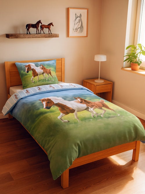 Parure de Lit Cheval et Poulain, 100% Coton Oeko-Tex, Imprimée Réversible, Lit 1 Place, CHEVAUX - Kiabi
