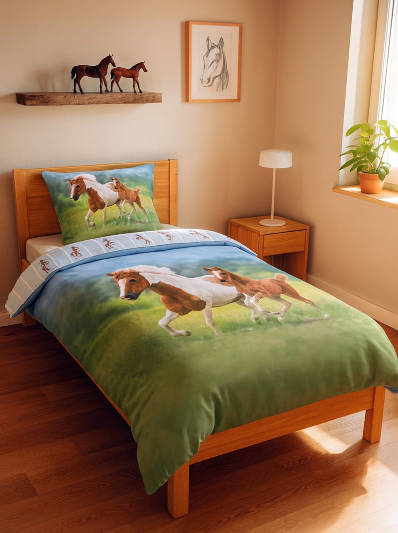 Parure de Lit Cheval et Poulain, 100% Coton Oeko-Tex, Imprimée Réversible, Lit 1 Place, CHEVAUX Vert - Kiabi