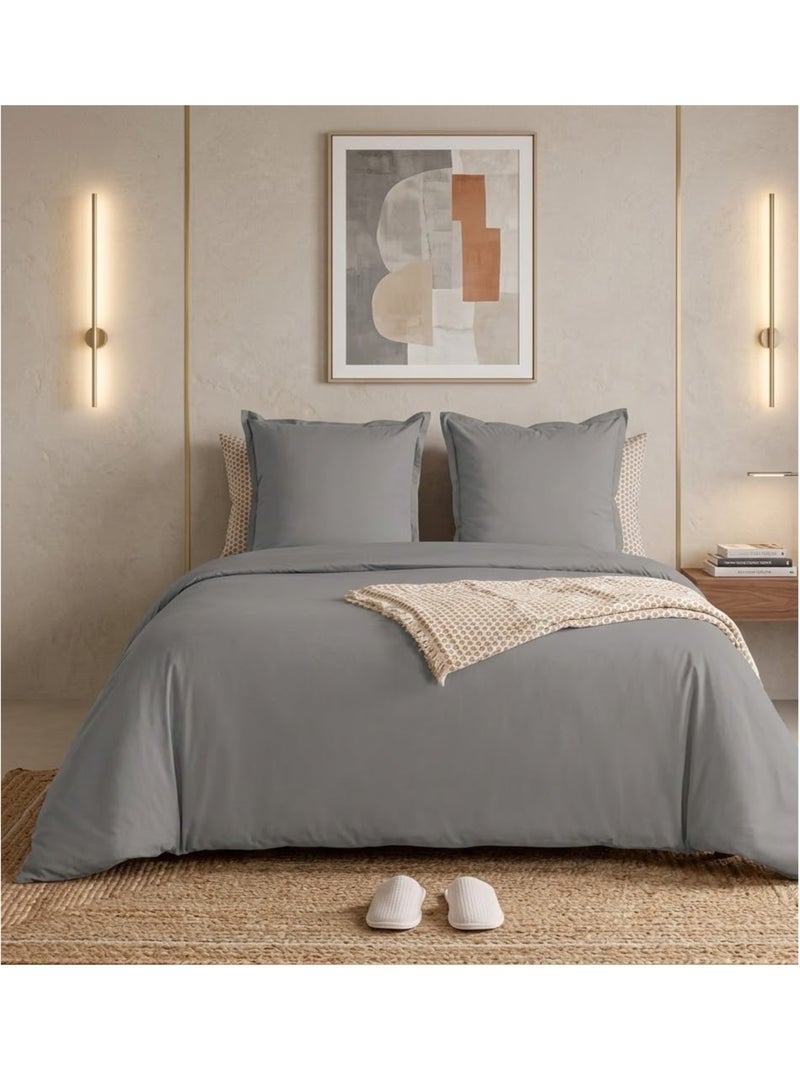 Parure de lit collection percale de coton uni Gris clair - Kiabi
