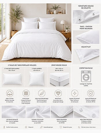 Parure de Lit Complète - 100% Coton 57 Fils - Drap-Housse + 4 Taies