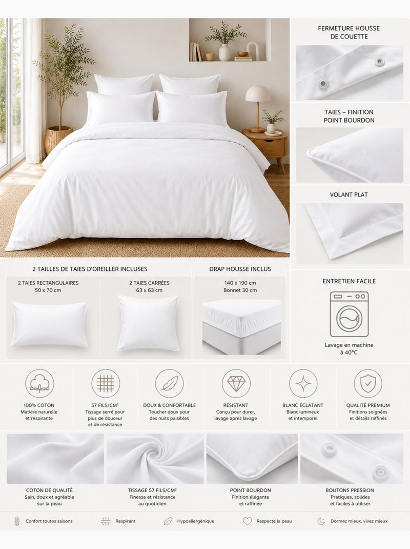 Parure de Lit Complète - 100% Coton 57 Fils - Drap-Housse + 4 Taies Blanc - Kiabi