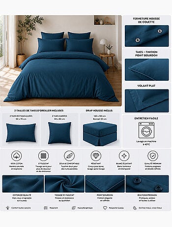 Parure de Lit Complète - 100% Coton 57 Fils - Drap-Housse + 4 Taies