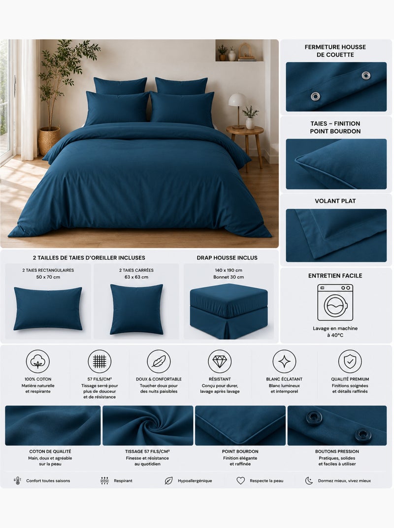 Parure de Lit Complète - 100% Coton 57 Fils - Drap-Housse + 4 Taies Bleu - Kiabi