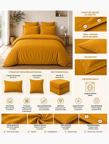 Parure de Lit Complète - 100% Coton 57 Fils - Drap-Housse + 4 Taies