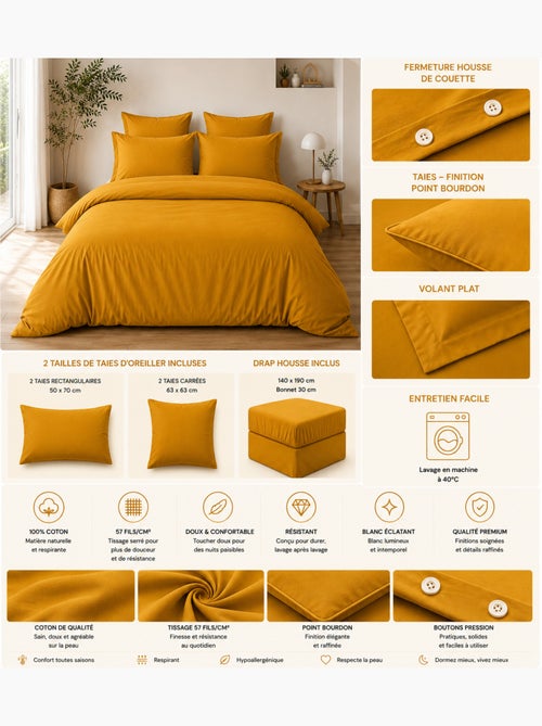 Parure de Lit Complète - 100% Coton 57 Fils - Drap-Housse + 4 Taies - Kiabi Parure de Lit Complète - 100% Coton 57 Fils - Drap-Housse + 4 Taies - Kiabi