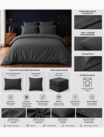 Parure de Lit Complète - 100% Coton 57 Fils - Drap-Housse + 4 Taies
