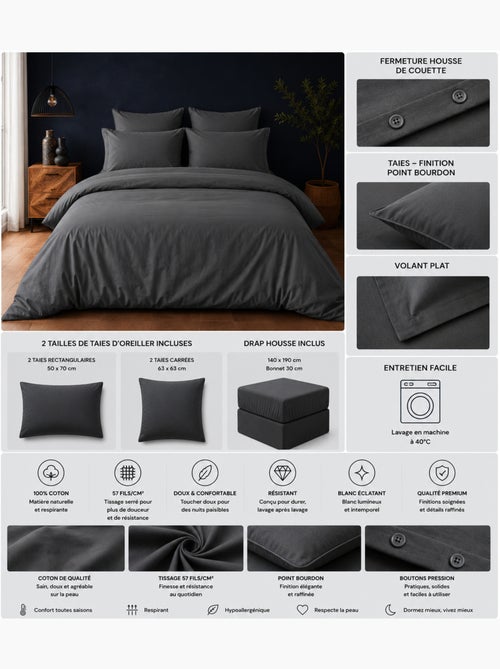 Parure de Lit Complète - 100% Coton 57 Fils - Drap-Housse + 4 Taies - Kiabi Parure de Lit Complète - 100% Coton 57 Fils - Drap-Housse + 4 Taies - Kiabi