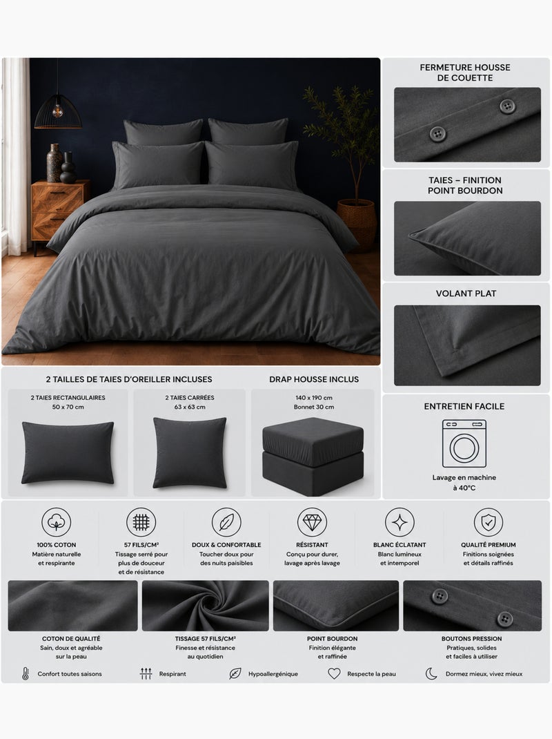 Parure de Lit Complète - 100% Coton 57 Fils - Drap-Housse + 4 Taies gris anthracite - Kiabi