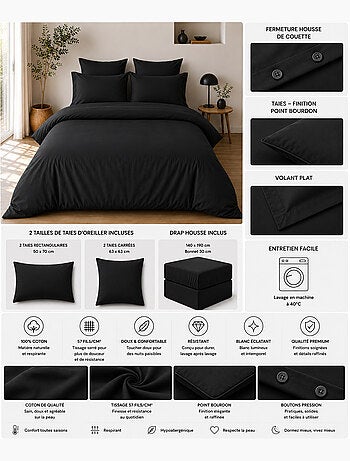 Parure de Lit Complète - 100% Coton 57 Fils - Drap-Housse + 4 Taies
