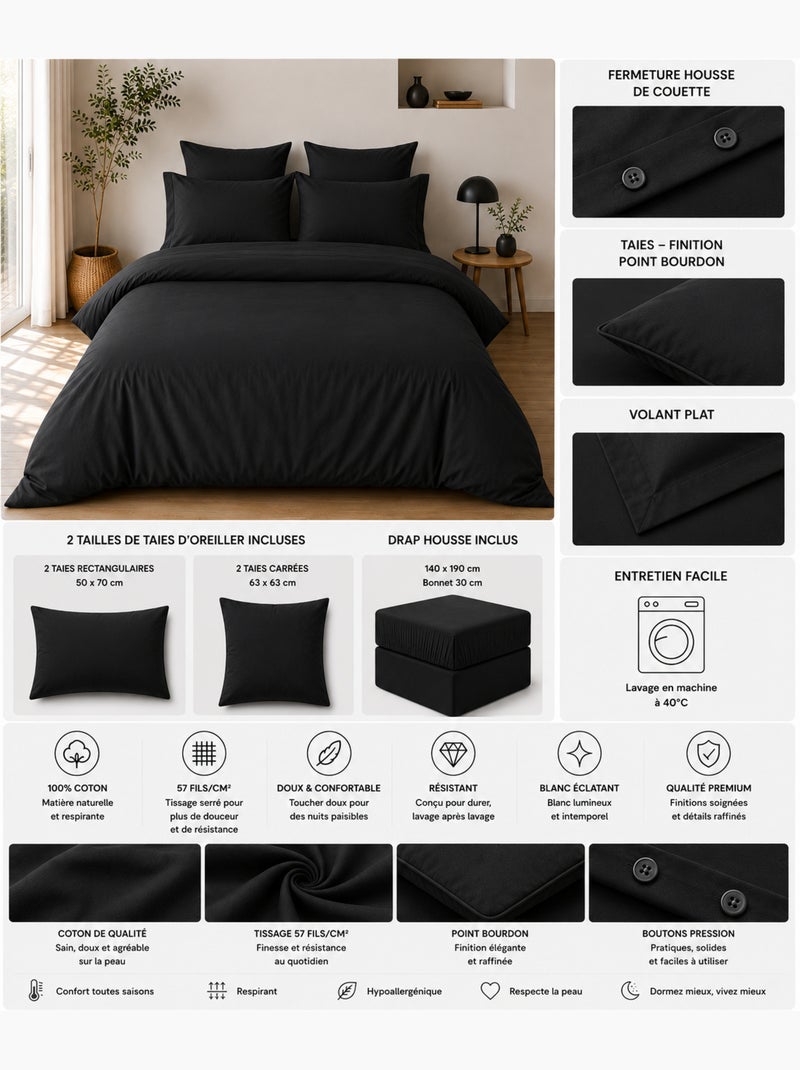 Parure de Lit Complète - 100% Coton 57 Fils - Drap-Housse + 4 Taies Noir - Kiabi