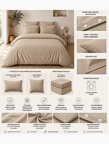 Parure de Lit Complète - 100% Coton 57 Fils - Drap-Housse + 4 Taies