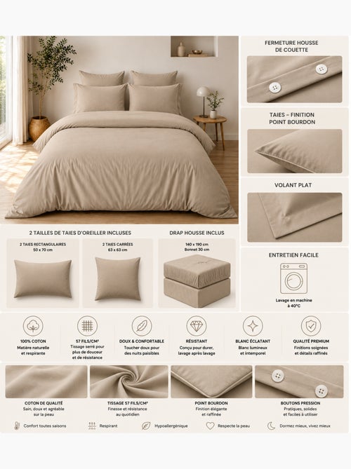 Parure de Lit Complète - 100% Coton 57 Fils - Drap-Housse + 4 Taies - Kiabi Parure de Lit Complète - 100% Coton 57 Fils - Drap-Housse + 4 Taies - Kiabi