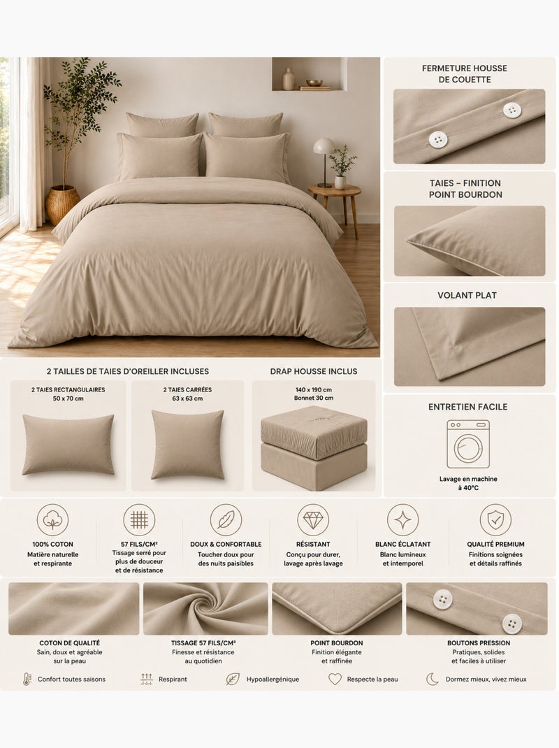 Parure de Lit Complète - 100% Coton 57 Fils - Drap-Housse + 4 Taies Sable - Kiabi