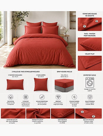 Parure de Lit Complète - 100% Coton 57 Fils - Drap-Housse + 4 Taies