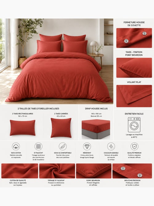Parure de Lit Complète - 100% Coton 57 Fils - Drap-Housse + 4 Taies - Kiabi