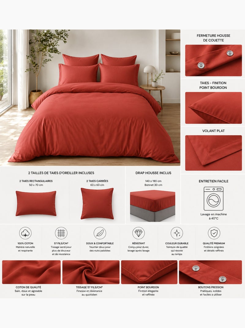 Parure de Lit Complète - 100% Coton 57 Fils - Drap-Housse + 4 Taies Terracotta - Kiabi