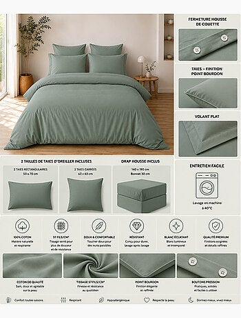 Parure de Lit Complète - 100% Coton 57 Fils - Drap-Housse + 4 Taies