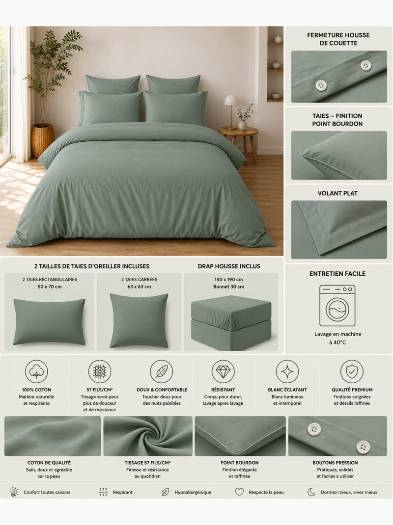 Parure de Lit Complète - 100% Coton 57 Fils - Drap-Housse + 4 Taies Vert cèdre - Kiabi