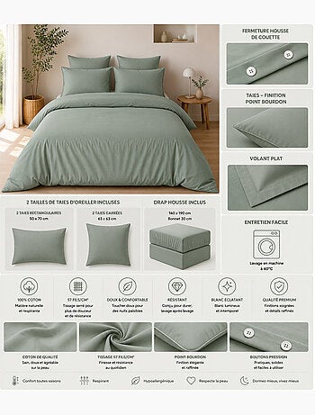 Parure de Lit Complète - 100% Coton 57 Fils - Drap-Housse + 4 Taies