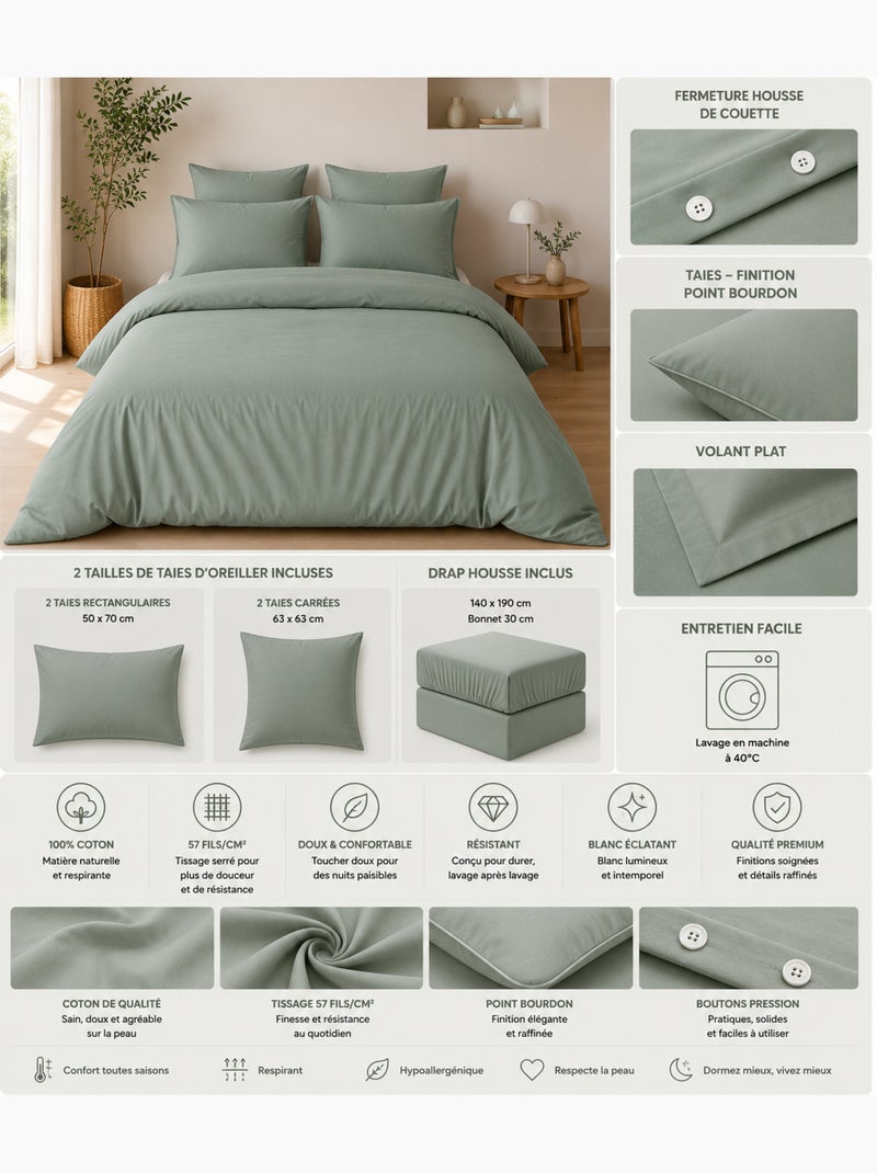 Parure de Lit Complète - 100% Coton 57 Fils - Drap-Housse + 4 Taies Vert clair - Kiabi