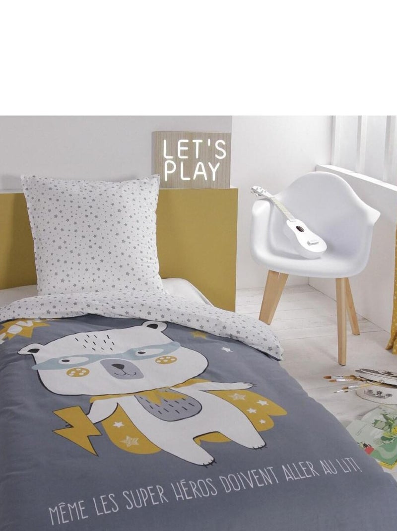 Parure de lit coton 1 personne imprimé ours polaire TEDDY Bleu - Kiabi