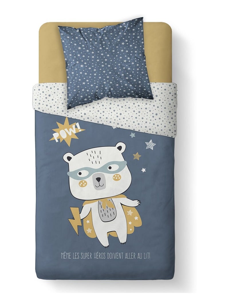 Parure de lit coton 1 personne imprimé ours polaire TEDDY Bleu - Kiabi